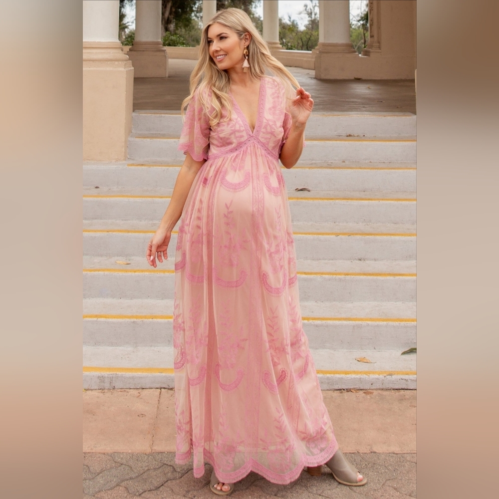 Pink lace mesh overlay maternity maxi dress